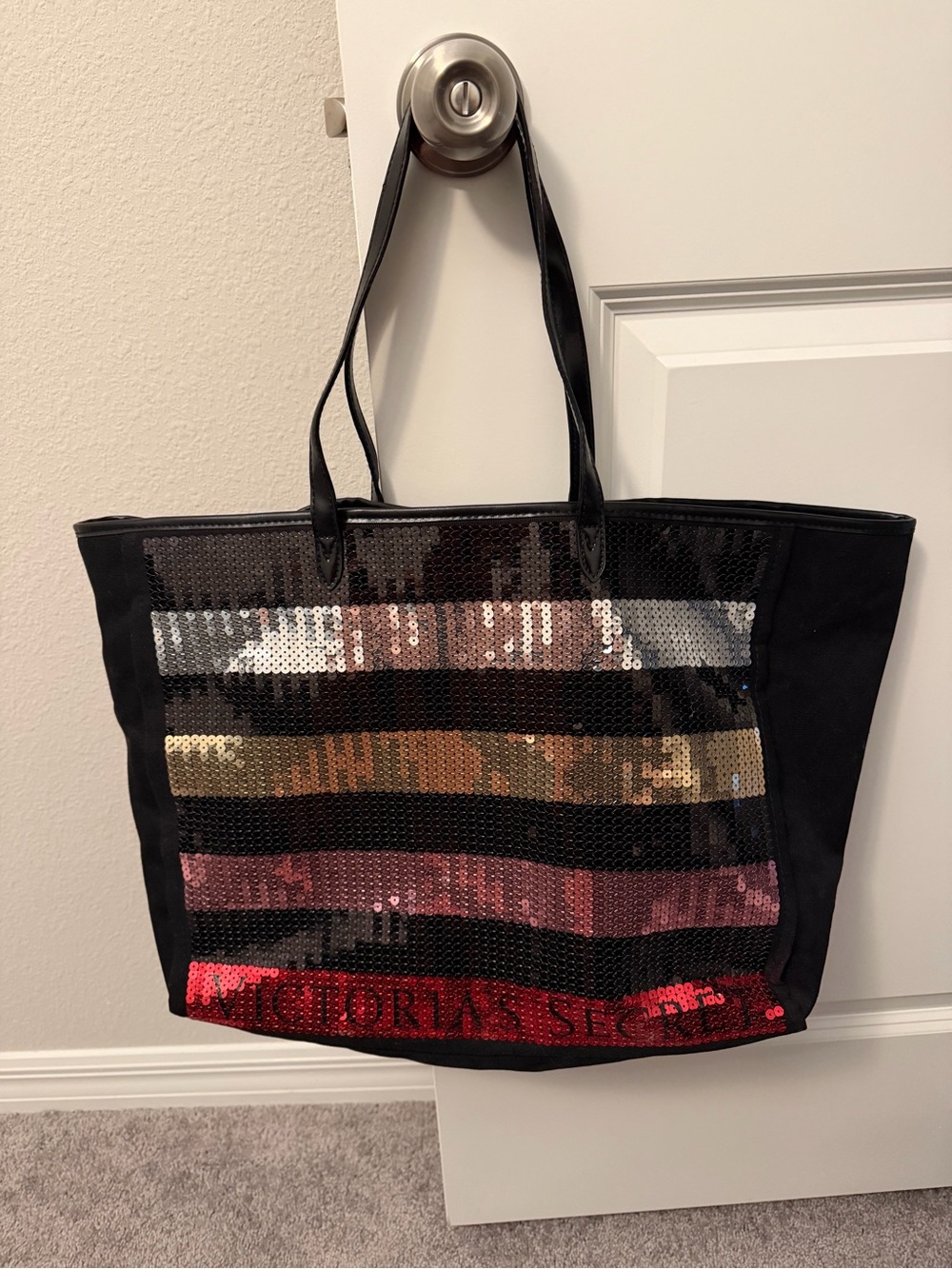 Victoria's Secret Black Tote with Multicolor Sequin Stripes